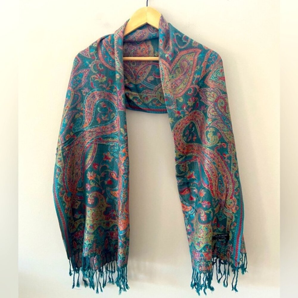 Pashmina Jew Stone Blue Green Paisley Tassel Scarf Shawl